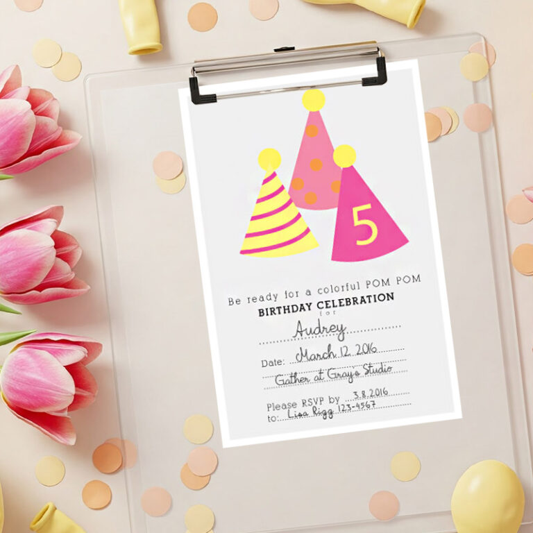 1-Pom Pom Birthday Invitation - clipboard