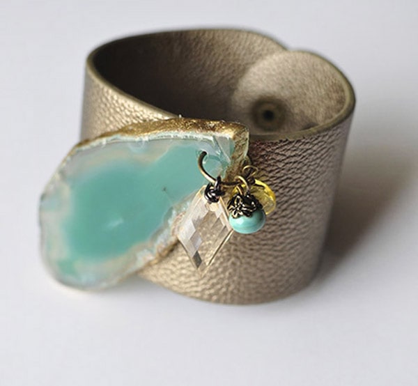 Faux Aqua Agate Leather Cuff Bracelet