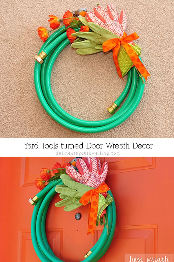 See how to take those Spring time Yard Tools and turn them into a fun seasonal wreath! Such a great way to re-use and turn into Front Door decor.  Delineate Your Dwelling #springfrontdoor 