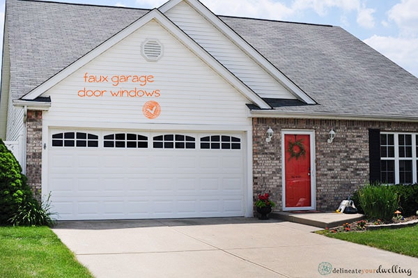 Faux Garage Windows at your home in no time at all! And adding faux windows are an inexpensive way to upgrade your home's curb appeal! Delineate Your Dwelling #fauxgaragedoorwindows #curbappeal