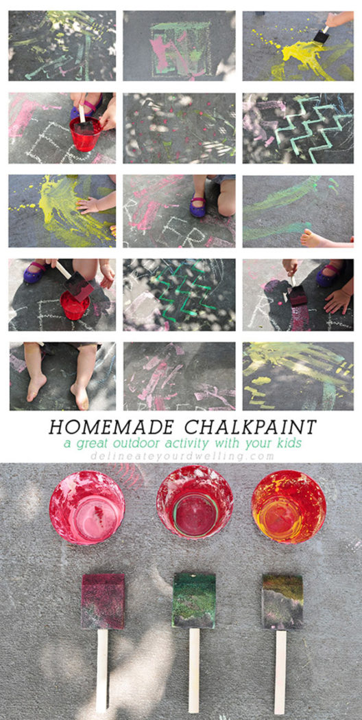 Learn how to make easy, fun and entertaining Homemade Sidewalk Chalk Paint with your kids this summer! Plus, it washes right off for simple cleanup. Delineate Your Dwelling #Homemadechalkpaint #kidpaint #chalkpaint