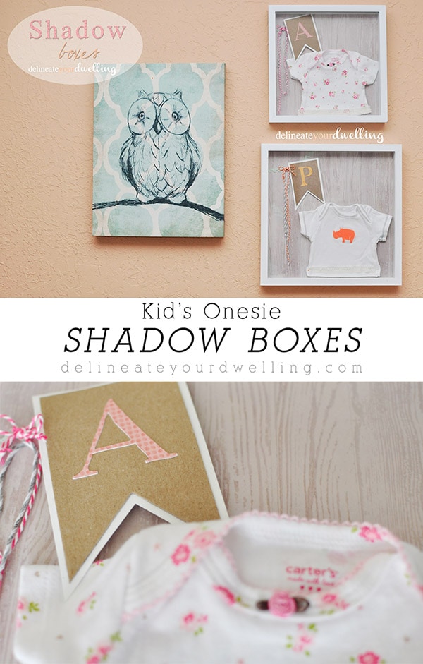 Learn how to make shadowboxes for your children's bedrooms using their baby onesies!  I did a little girl and a little boy shadowbox for each of my kiddos. Delineate Your Dwelling #kidshadowbox #onesiecraft #onesieshadowbox