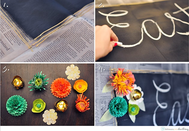 Learn how to make a gorgeous and unique backdrop for any party!  Create a newspaper chalkboard wall and celebrate in style. Delineate Your Dwelling #partybackdrop #DIYbackdrop #newspapercraft