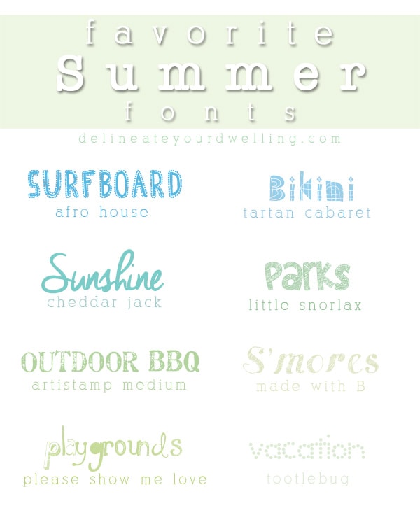 Check out these fun EIGHT free Summer Fonts available for download. Create summer invitations, notes and many other fun summery items!  Delineate Your Dwelling #sumerfonts