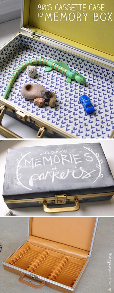 Learn how to take an old Cassette Case and repurpose it into a fun chalkboard Memory Box to fill with special treasures and mementos. Delineate Your Dwelling #memorybox #DIYcassettecase #chalkboardbox 