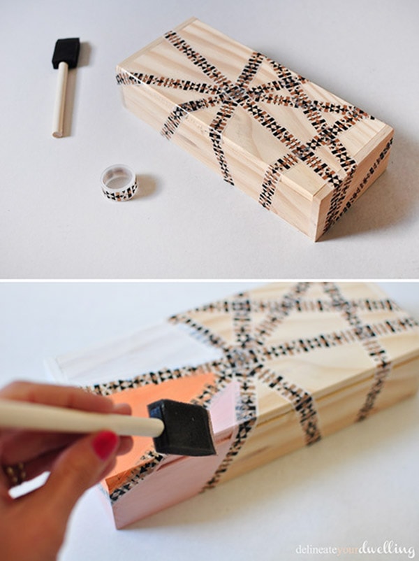 Learn how to create a gorgeous geometric thread box using washi tape and acrylic paint.  You will love this simple DIY craft project so much, you'll want to paint all the boxes. Delineate Your Dwelling #paintedbox #geometricbox