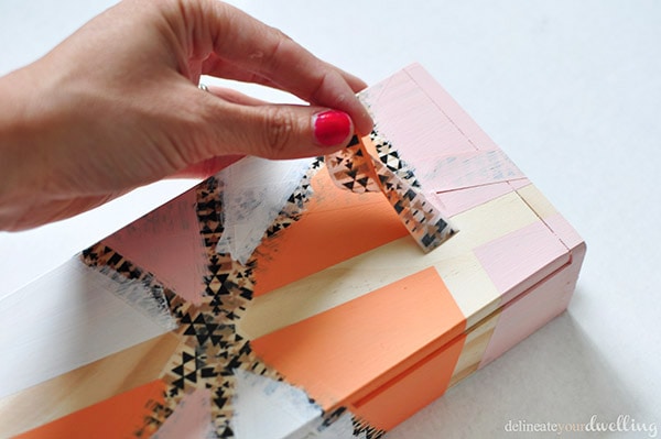 Learn how to create a gorgeous geometric thread box using washi tape and acrylic paint.  You will love this simple DIY craft project so much, you'll want to paint all the boxes. Delineate Your Dwelling #paintedbox #geometricbox