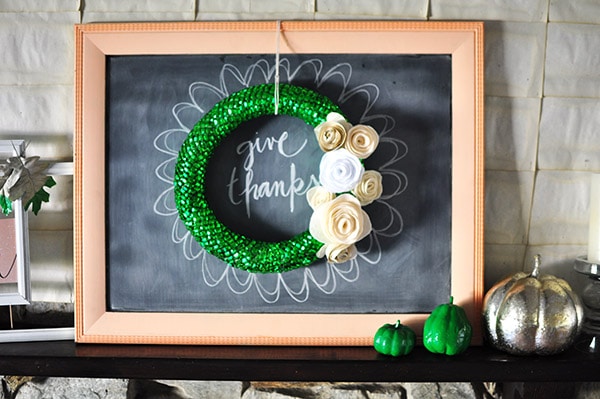 Fall Home Fireplace, Delineate Your Dwelling #emeraldgreen #gold #white #chalkboard #wreath