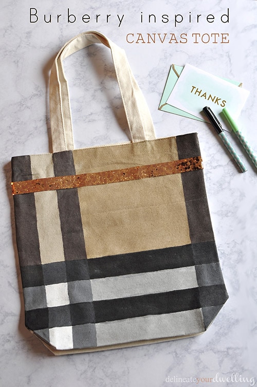 Learn how to make a simple Burberry Inspired Canvas Tote Bag! The perfect inexpensive DIY craft to replace a Burberry canvas weekend tote bag. Delineate Your Dwelling #Burberrytote #Canvastote