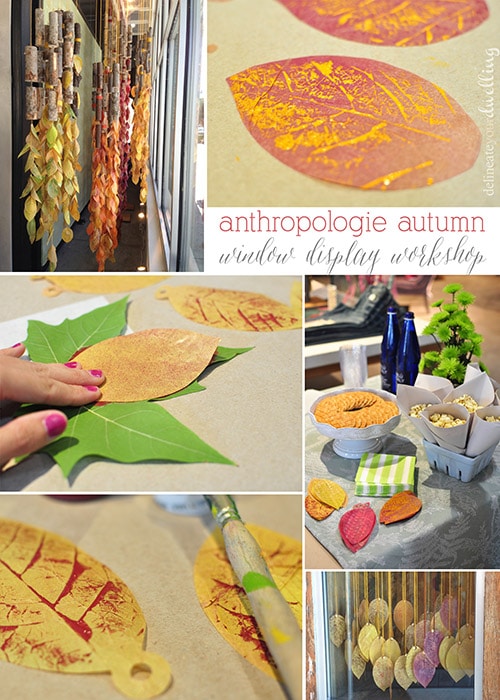Learn how to make these simple DIY leaf press leaves for a fun autumn hanging display, inspired and created during an Anthropologie window workshop.  Delineate Your Dwelling #anthrowindow #anthropologiewindow