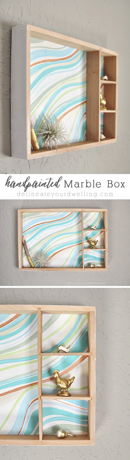 Learn how to create a statement marbled piece using simple acrylic paint and an old wooden toy container. In just a few steps you'll be painting your own Marbled Wall Shadow Box. Delineate Your Dwelling #paintedshadowbox #DIYshadowbox