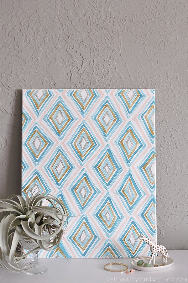 Learn how to make Easy Art for your home with abstract Diamond Patterns. Using acrylic paint, a canvas and a fun DIY tutorial you can become your own artist. Delineate Your Dwelling #easyart #abstractart #diamondart