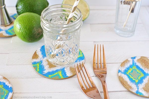 DIY Ikat Cork Coaster closeup, Delineateyourdwelling.com