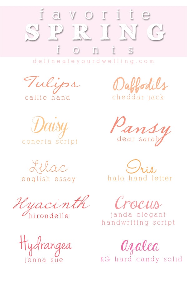 Download the top 10 Favorite Spring fonts and they are available for free! Use these fonts for spring time invitations, baby showers or for personal use. Delineate Your Dwelling #springfont #springfonts #scriptfont