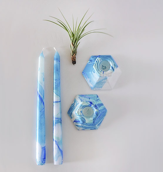 Blue Marbling Candle + Holder