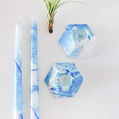 Creative technique, Blue Marbling Candle Holder @Delineateyourdwelling