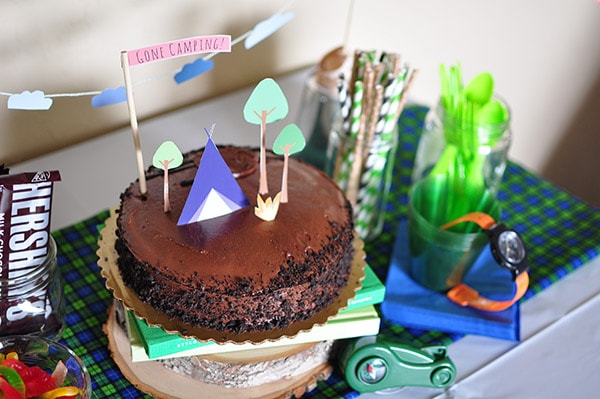 Camping themed bday party cake table