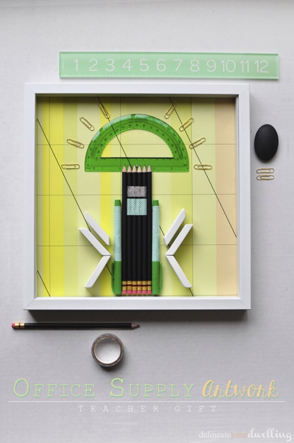 Learn how to use office supplies and transform them into shadowbox DIY artwork!  Perfect to hang in your office or to even make with your kids to kick off the new school year.  Delineate Your Dwelling #teachergift #DIYshadowbox