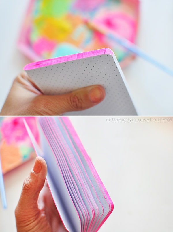 Learn how to create a simple colorful DIY Painted Notebook edge! This is a fun DIY craft project for children and adults alike.  Check out all the ways it brightens up any old notebook or notepad. Delineate Your Dwelling #DIYpaintednotebook #AcrylicPaintNotebook #paintednotebook
