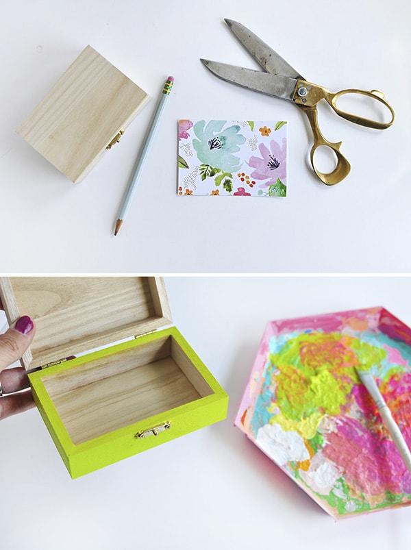 Learn how to create a DIY floral painted wooden box using whimsical scrapbook paper! A simple statement piece for any room in your home. Delineate Your Dwelling #paintedbox #scrapbookpaperbox