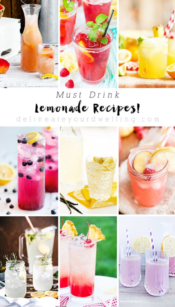 Over 15+ Delicious and Easy to make Lemonade Drink Recipes for all summer long! Enjoy a refreshing glass of homemade lemonade with family and friends. Delineate Your Dwelling #summerdrinks #lemonaderecipes