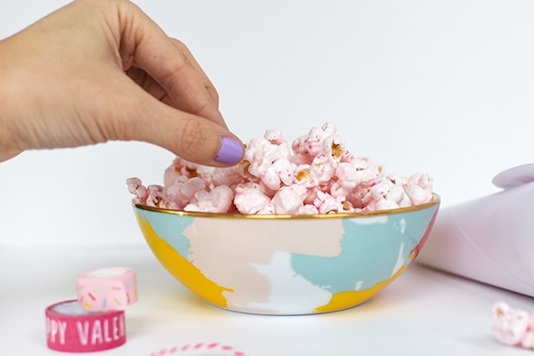Pink Popcorn in a bowl