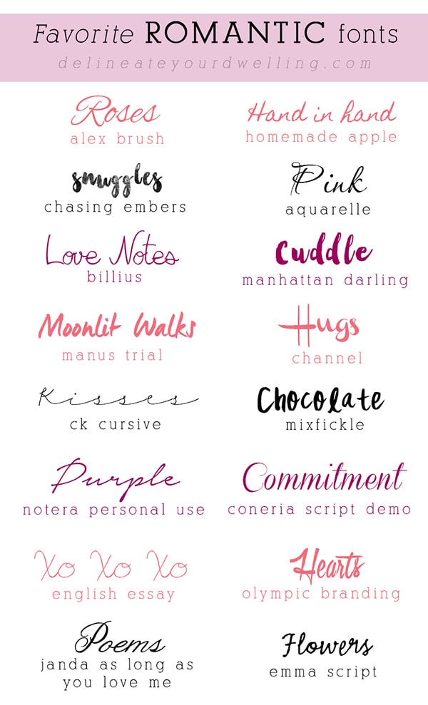 The Top 10 Romantic Free Fonts to use for Valentine's Day invitations, cards and special love notes! Easy to download and fun to use. Delineate Your Dwelling #lovefonts #freefonts #freefont #romanticfont #valentinedaysfont