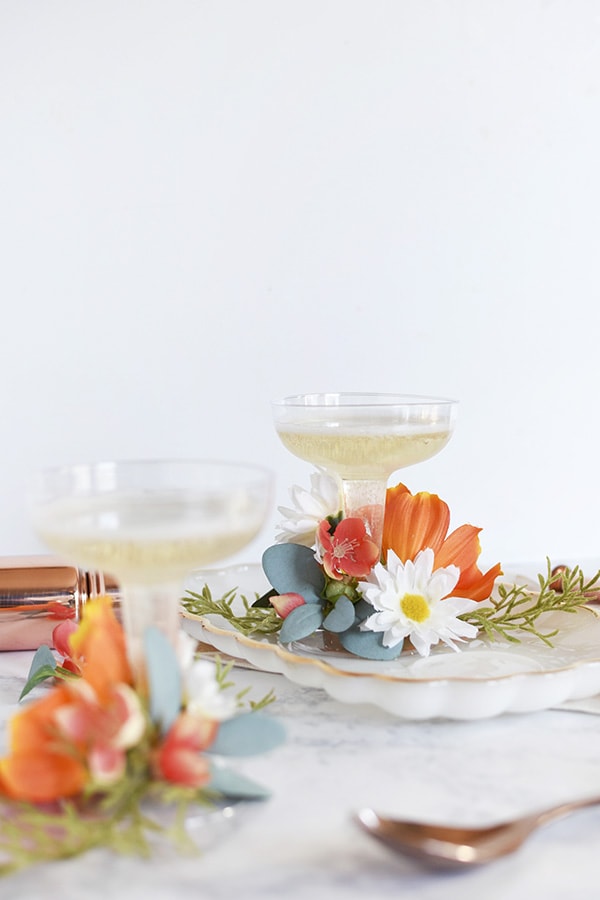 Silk Flower Floral Champagne Saucer Glasses