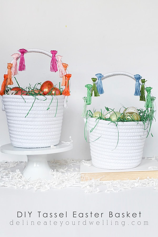 First, learn how to make tassels using Embroidery Floss. Then apply those tassels to any type of basket, making a simple and fun DIY Tassel Easter Basket for Easter this year! Delineate Your Dwelling #easterbasketDIY #tasselbasket #DIYEasterBasket #DIYEaster