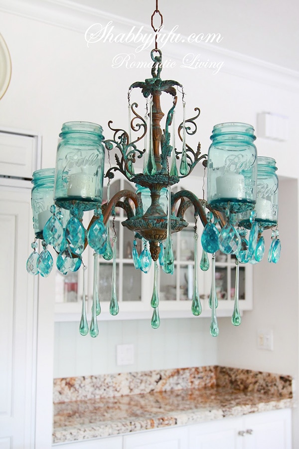 Blue mason jar chandelier