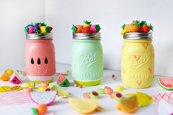 Simple to paint craft, Summer Fruit Mason Jars! Pineapple, Limes and Watermelon mason jars to decorate your next fruit party! Delineate Your Dwelling