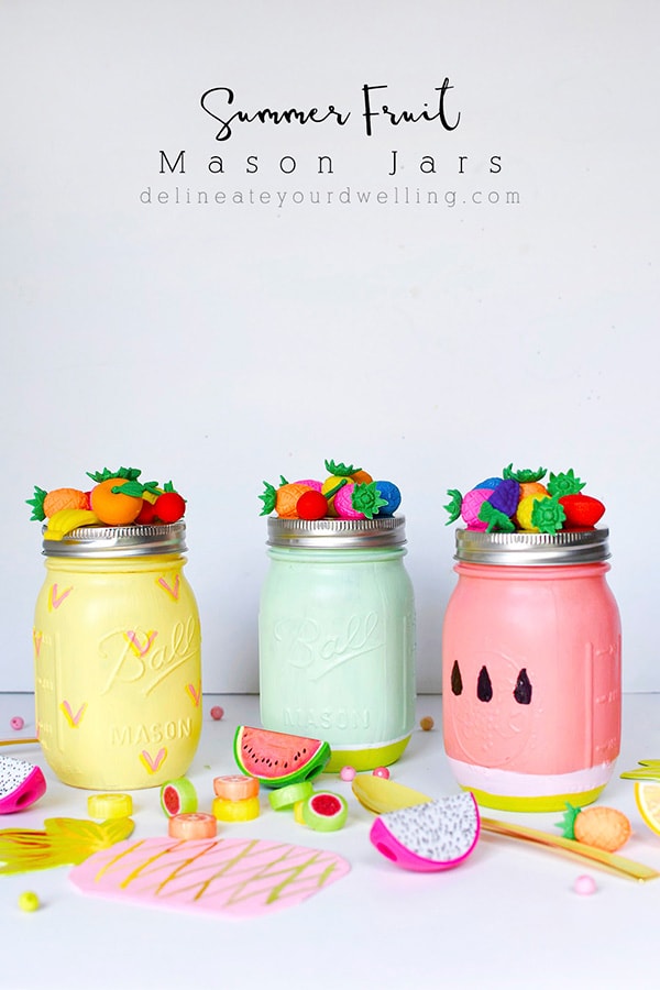 Simple to paint craft, Summer Fruit Mason Jars! Pineapple, Limes and Watermelon mason jars to decorate your next fruit party! Delineate Your Dwelling