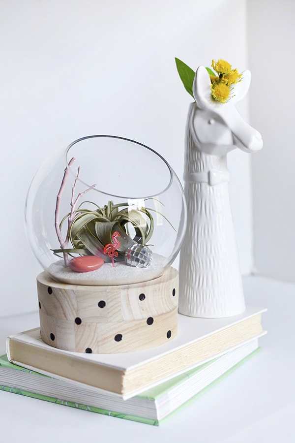 A modern take on a traditional plant terrarium! Painted Crosses, Scallops and Polka Dots add the perfect pattern to the wood base.  Learn how to create this trendy DIY using air plants, disco balls and mini flamingos. Delineate Your Dwelling #modernterrarium #airplantterrarium