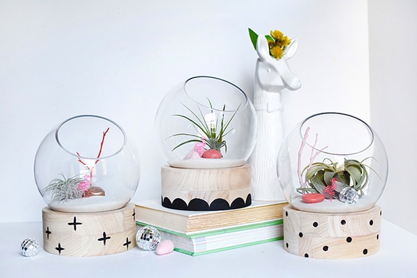 A modern take on a traditional plant terrarium! Painted Crosses, Scallops and Polka Dots add the perfect pattern to the wood base.  Learn how to create this trendy DIY using air plants, disco balls and mini flamingos. Delineate Your Dwelling #modernterrarium #airplantterrarium