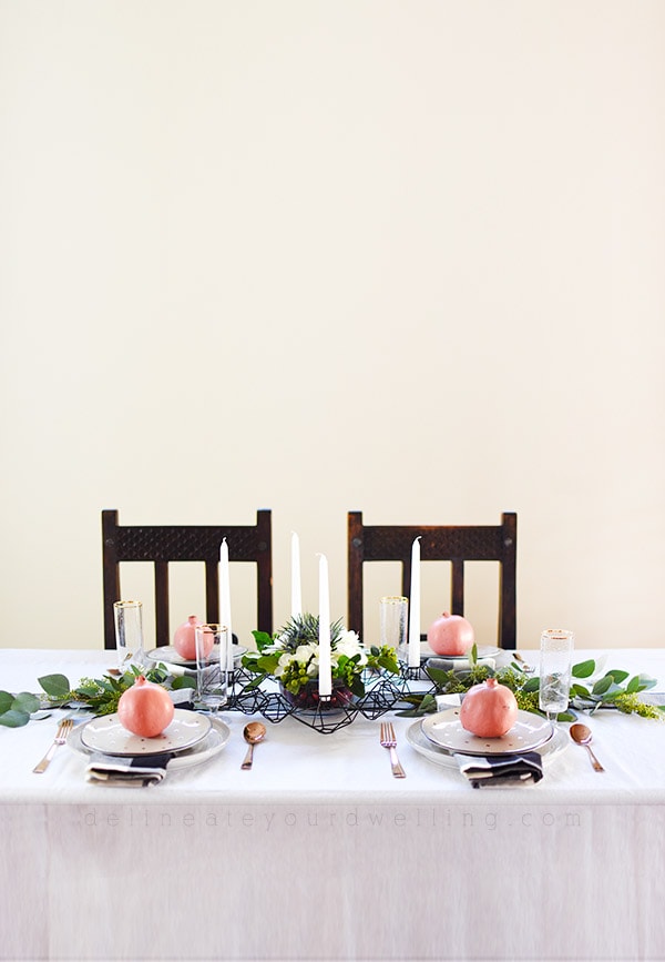 Set your table with this minimal decor for a simple and inexpensive Fall, Autumn or Thanksgiving Table in black, white, green + pink. Easy Thanksgiving table to set yourself. Delineate Your Dwelling #pinkthanksgivingtable #pinktable #pinkthanksgiving