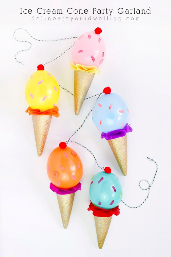 See how to create a tasty treat for your next party – DIY Ice Cream Cone Party Garland out of balloons! You will be surprised how how FUN they are to make. Delineate Your Dwelling #partygarland #icecreamparty
