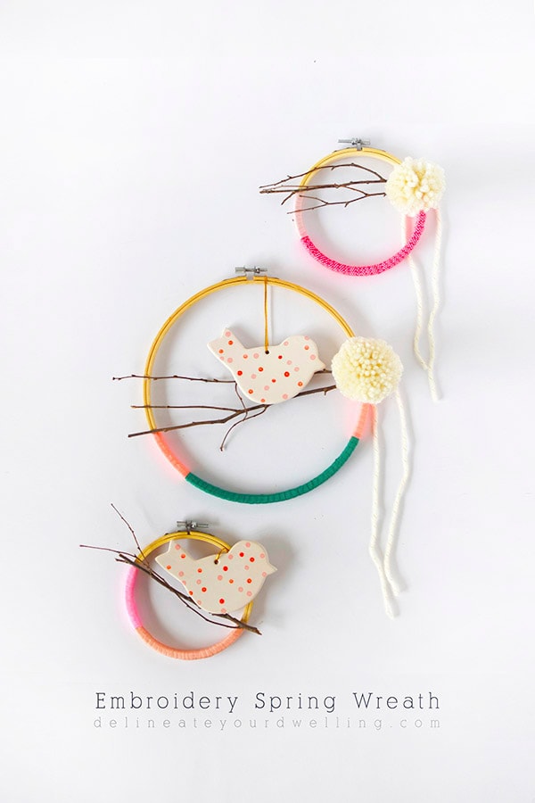 Learn how to create your very own DIY Embroidery Hoop Wreaths with ribbon for Spring time. Use these few fun and simple supplies. They are easy to make and so fun to customize to your perfect colors! Delineate Your Dwelling #embroideryhoopwreath 