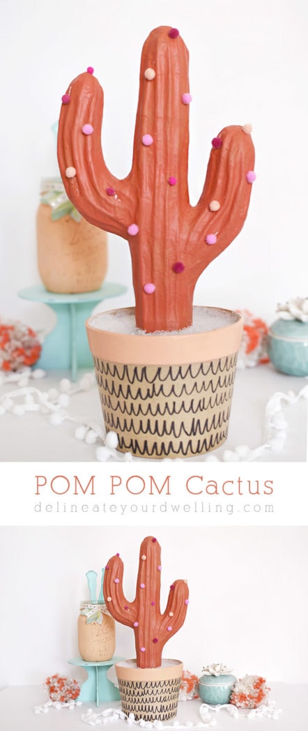 Add fun color and whimsy to your home with a Potted Pom Pom Cactus craft! A modern take on any plant and best for the plant lover and black thumb! Delineate Your Dwelling #pompomcraft #cactuscraft #plantcraft