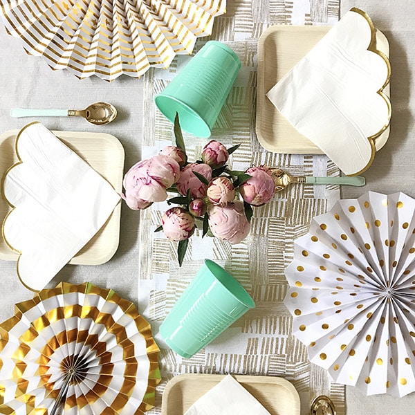 Set a Simple Neutral Baby Shower table - White, Gold and Mint Green table cloth, plates and napkins, Delineate Your Dwelling