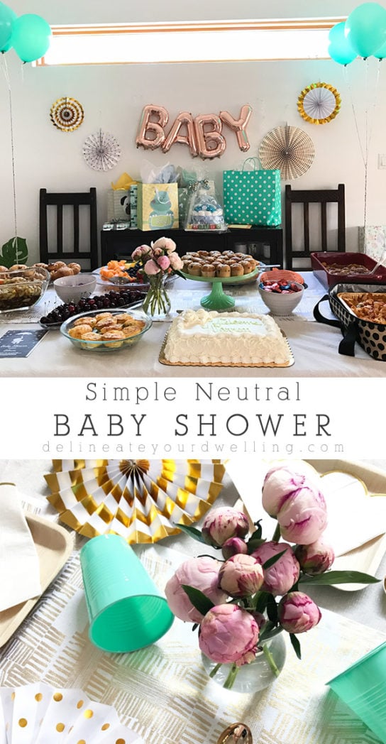 Simple Neutral Baby Shower ideas - White, Gold and Mint Green : Learn how to host a simple neutral baby shower with ease!  You can never go wrong with classic colors for either a boy or a girl. Delineate Your Dwelling #neutralbabyshower