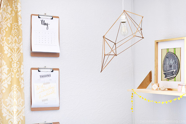 How to create an inexpensive and gorgeous Modern DIY Geometric Pendant Lamp using simple wooden skewers. Plus, it adds so much drama to your room! Delineate Your Dwelling #modernlamp #DIYlamp