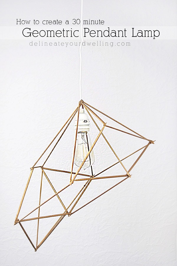How to create an inexpensive and gorgeous Modern DIY Geometric Pendant Lamp using simple wooden skewers. Plus, it adds so much drama to your room! Delineate Your Dwelling #modernlamp #DIYlamp