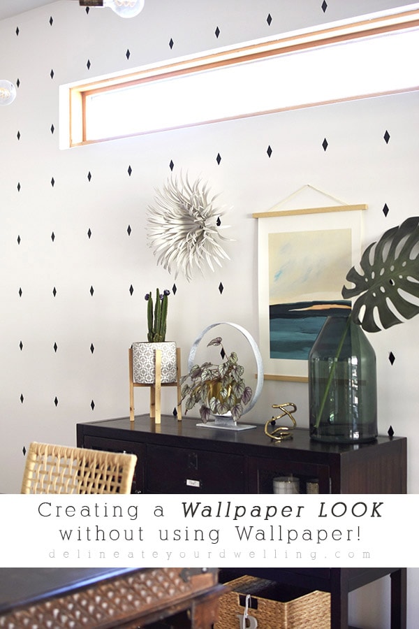 INSIDE : How to easily create a Wallpaper look without using Wallpaper! Check out how to make quick decals for an inexpensive professional accent wall look. Delineate Your Dwelling #diningroomaccent #accentwall