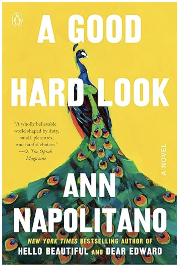 A Good hard Look, yellow cover with a big beautiful peacock on display - Fiction book