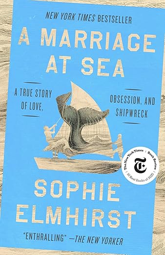 A Marriage at Sea, blue background of a sailboat and a black and white sketched whale's tail cover - Memoir book