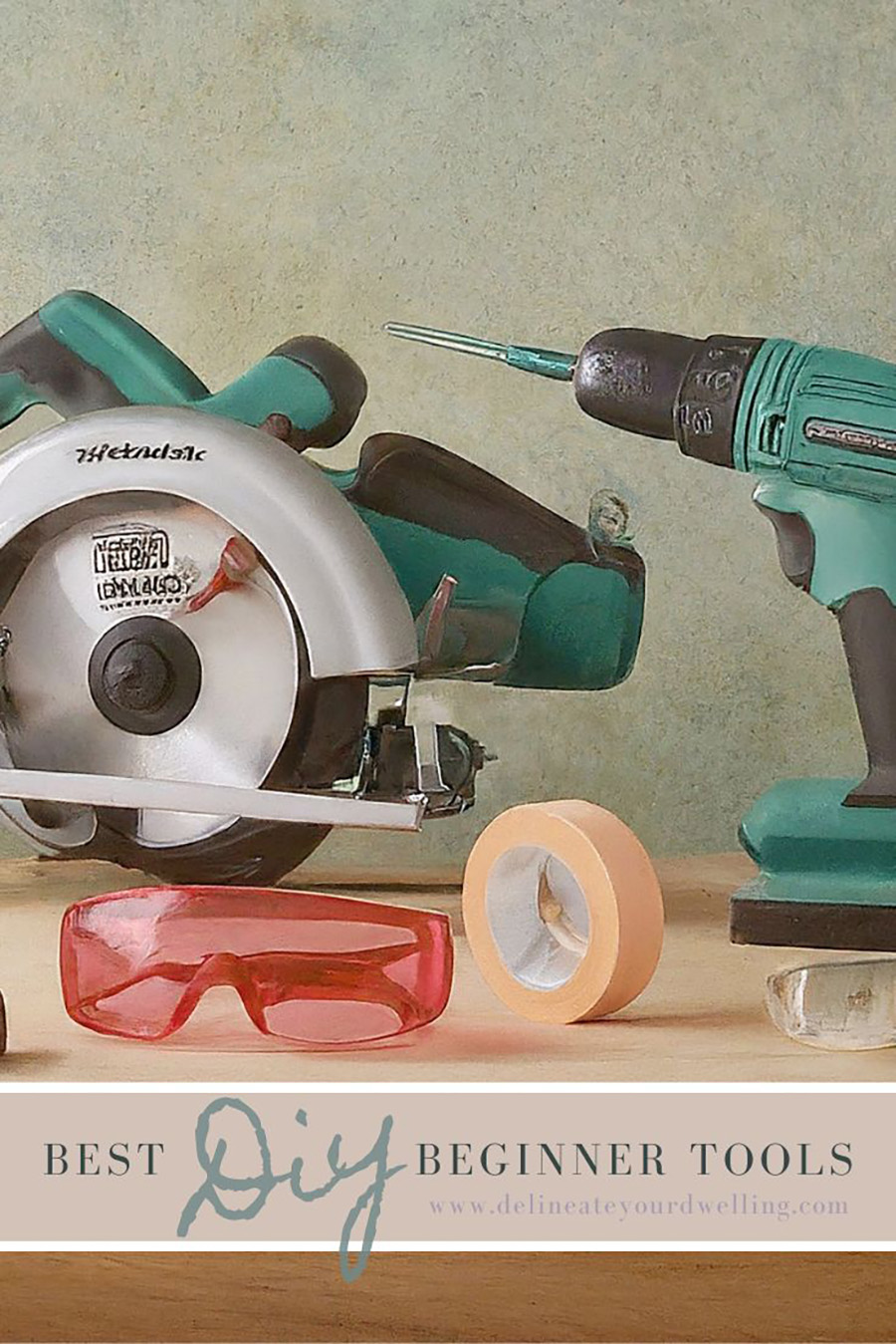 DIY miter saw, painters tape and safety glasses