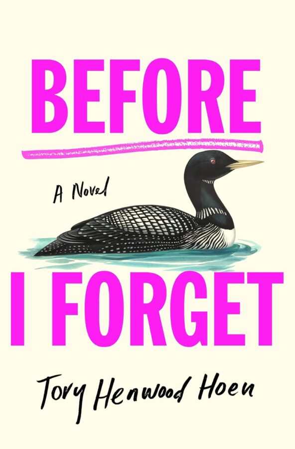 Before I forget, picture of a duck swimming against a plain cream cover with bright purple wording - Fiction book