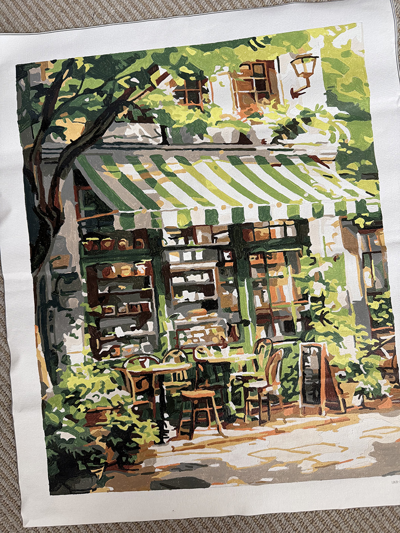 Green and white striped outdoor cafe paint by number kit