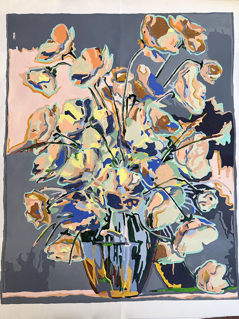 Abstract blue and peach colored poppies paint by number
