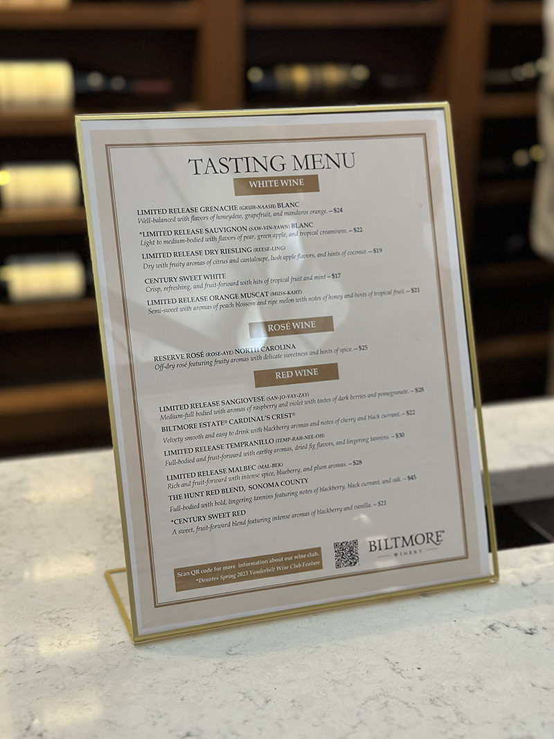 Biltmore Estate Wine Tasting Menu